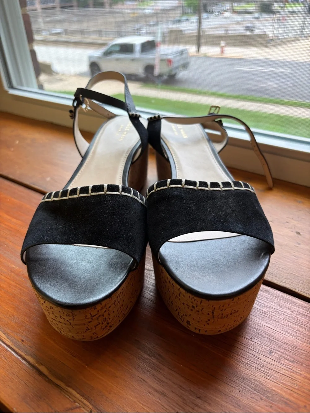 Cole Haan Black Suede Platform Sandals with Cream Stitch Trim